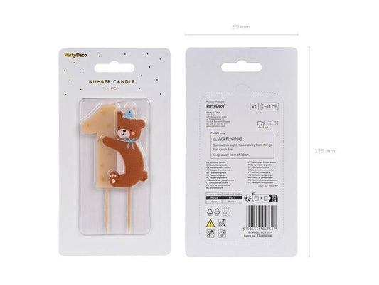 Kerze "1 mit Bär" - Zahlenkerze - PartyDeco - Party im Karton