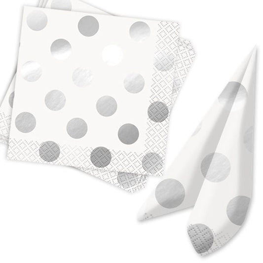 16 Servietten "Silber Metallic gepunktet" 25cm - Party im Karton