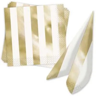 16 Servietten " Streifen Gold" 33cm - Party im Karton