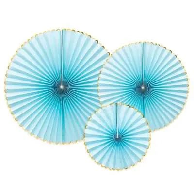 3 Fächerblumen - hellblau/gold - 23-40cm - Party im Karton