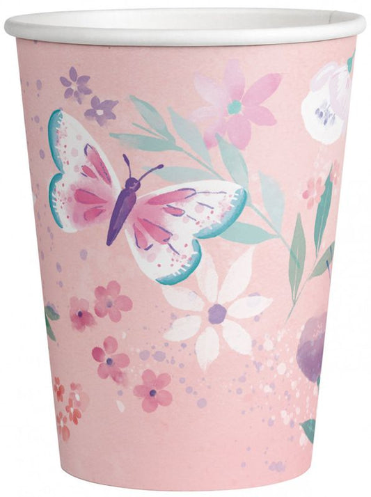 8 Pappbecher "Schmetterling Pastell" - 250ml - Party im Karton