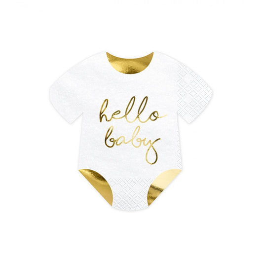 Servietten "Hello Baby" - Weiß/Gold 16cm - 20 Stück - Party im Karton