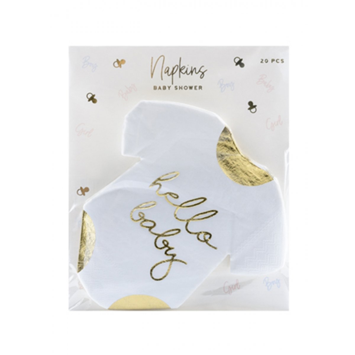 Servietten "Hello Baby" - Weiß/Gold 16cm - 20 Stück - Party im Karton