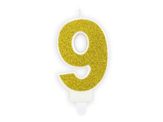 1 Kerze - "9 - Glitter Gold" - Party Deco - 7cm - Party im Karton