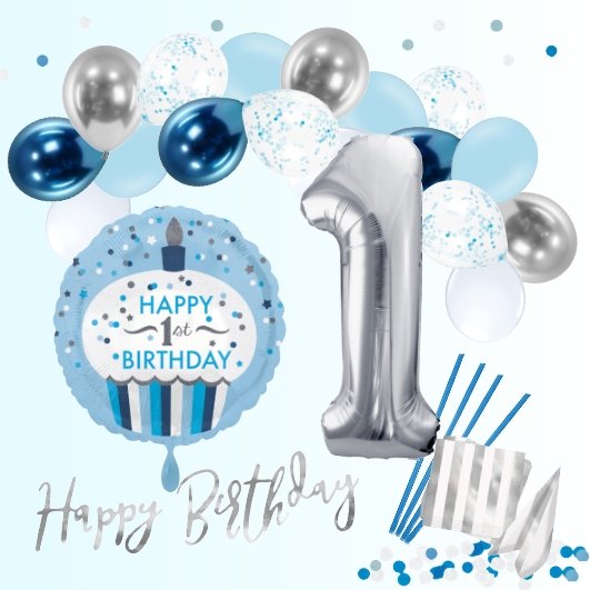 1st Birthday Set "Happy Cupcake Blau" 57-teilig - Party im Karton