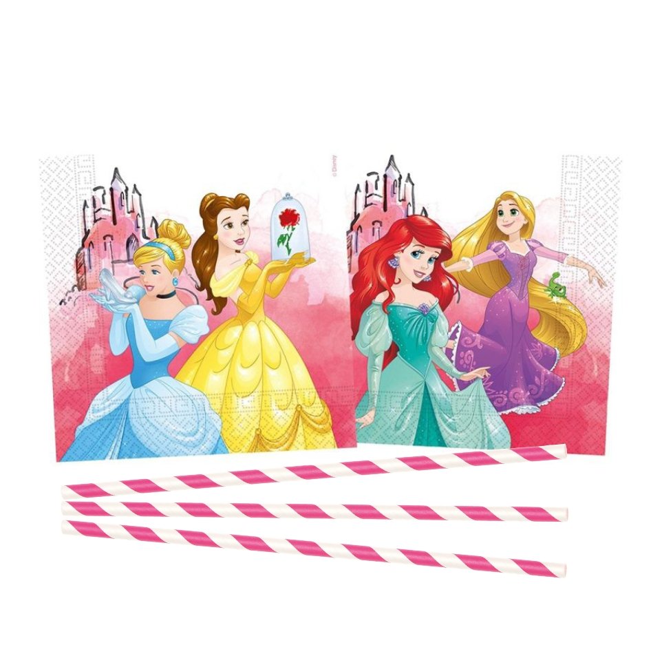 Servietten und Strohhalme "Disney Prinzessinnen" 20 oder 40 Teile - Party im Karton