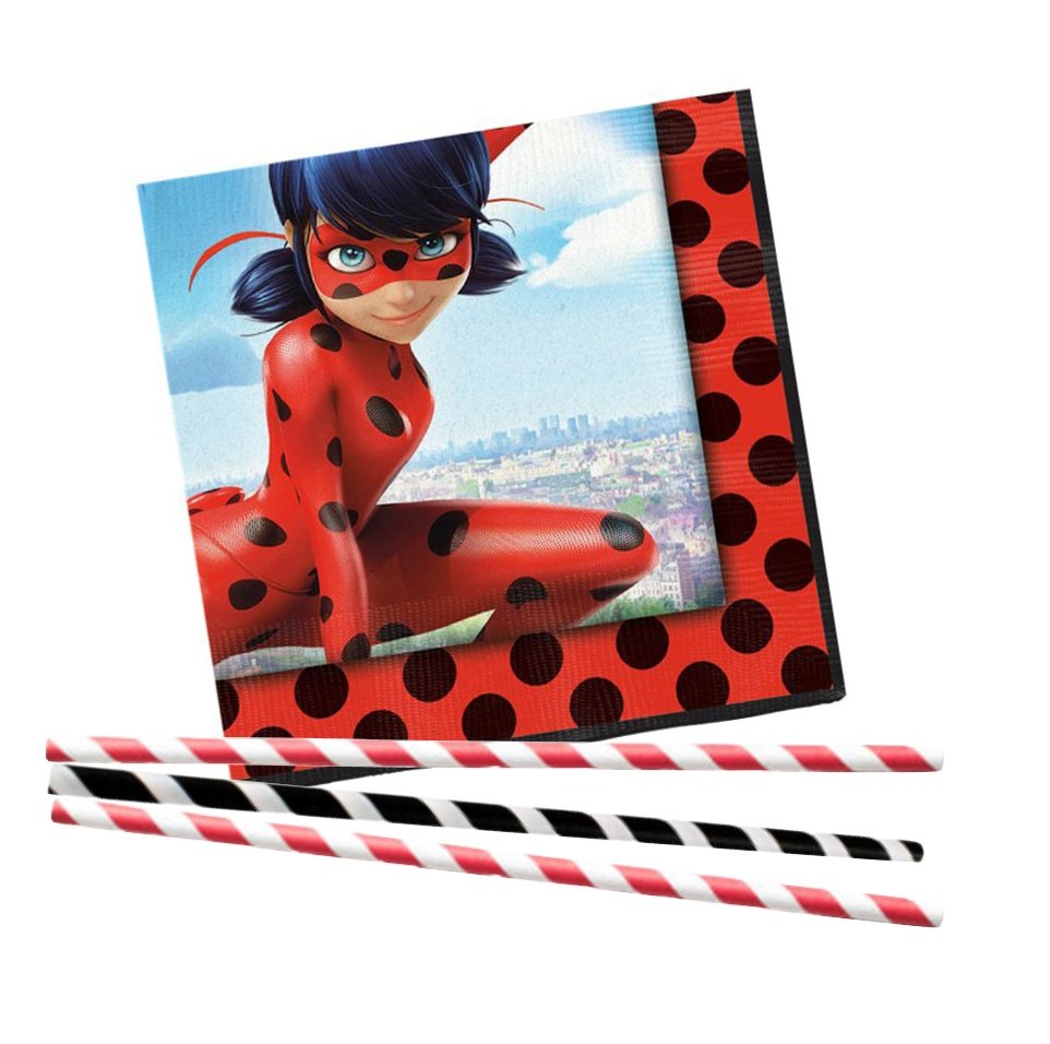 Servietten und Strohhalme "Miraculous Ladybug" 20 oder 40 Teile - Party im Karton