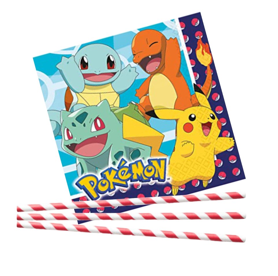 Servietten und Strohhalme "Pokemon" 16 oder 32 Teile - Party im Karton