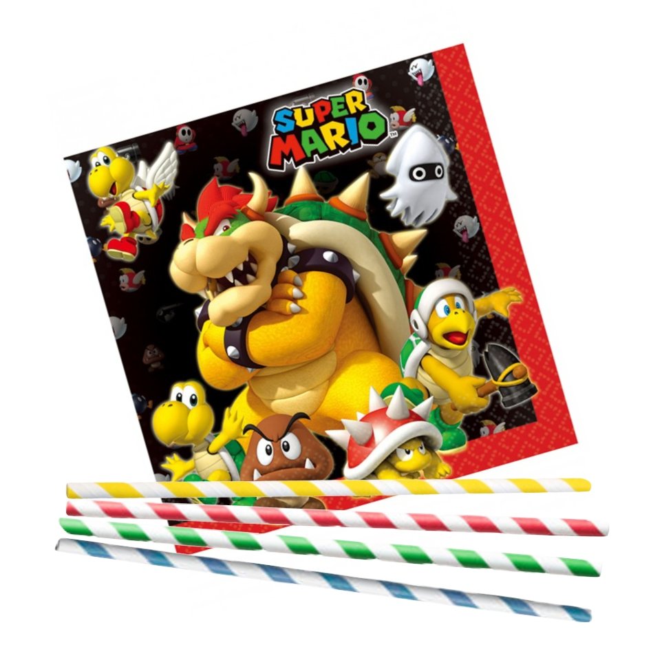 Servietten und Strohhalme "Super Mario" 20 oder 40 Teile - Party im Karton