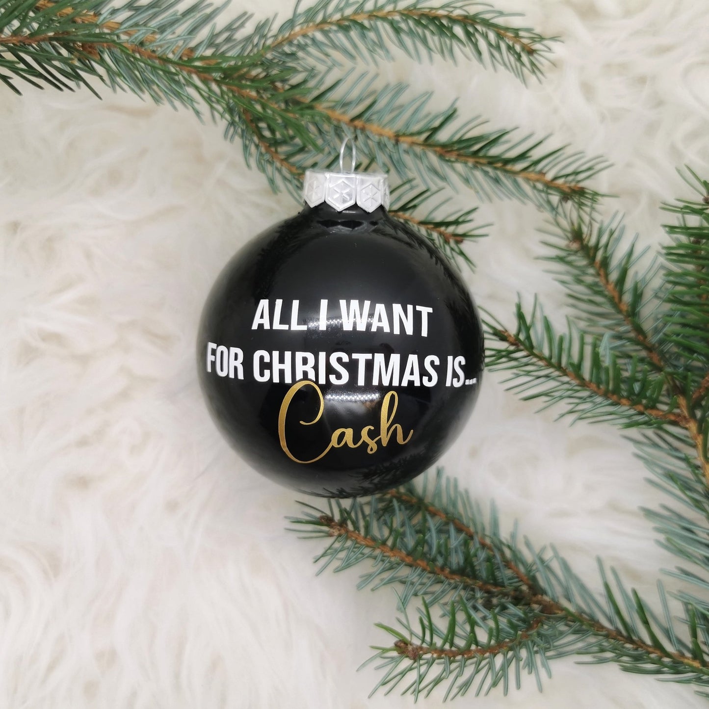 Weihnachtskugel - "All I want for Christmas is... Cash" - Party im Karton